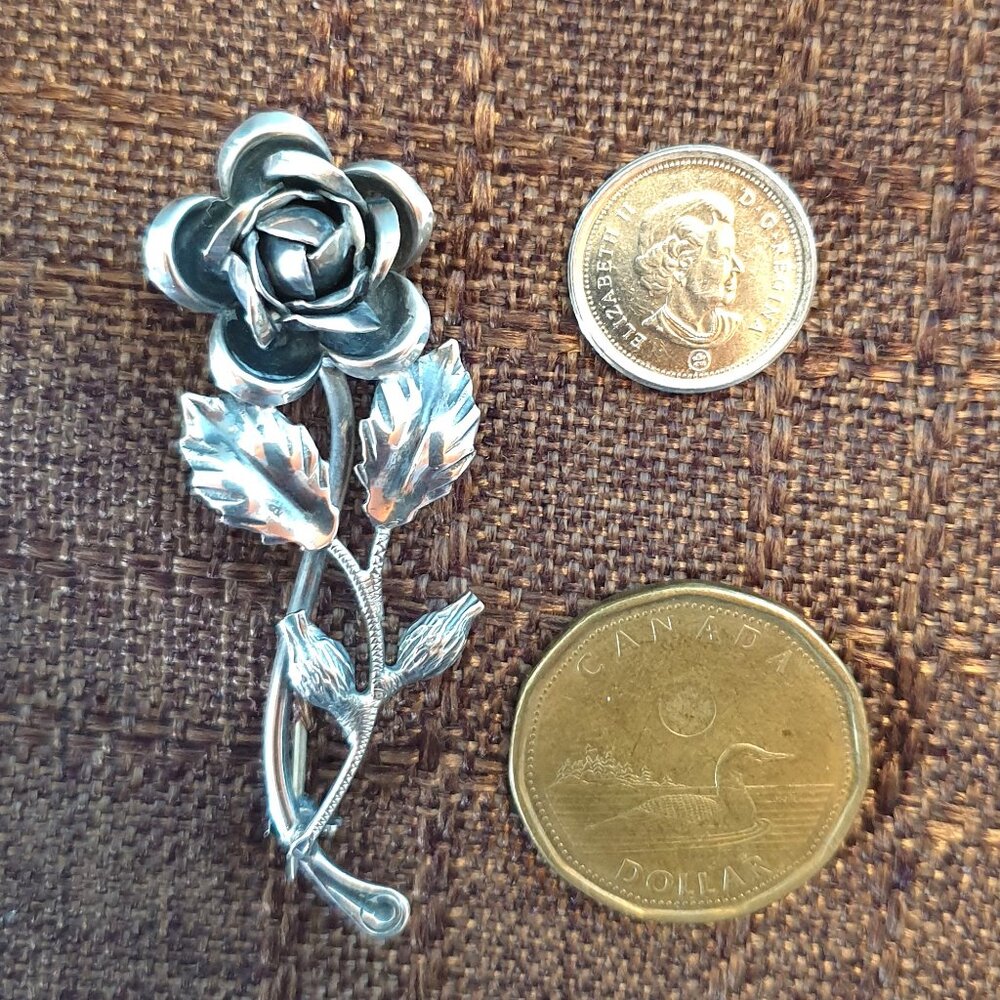 BEAUTIFUL VINTAGE 3-DIMENSIONAL ROSE FLOWER 835 STERLING SILVER BROOCH PIN
